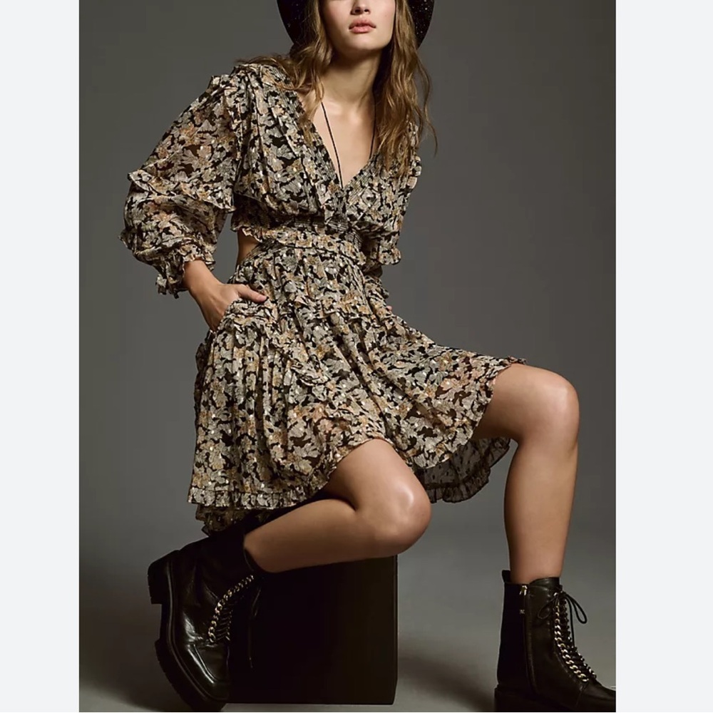 Anthropologie Floral Ruffle Cutout Mini Dress Size M Women Boho V Neck